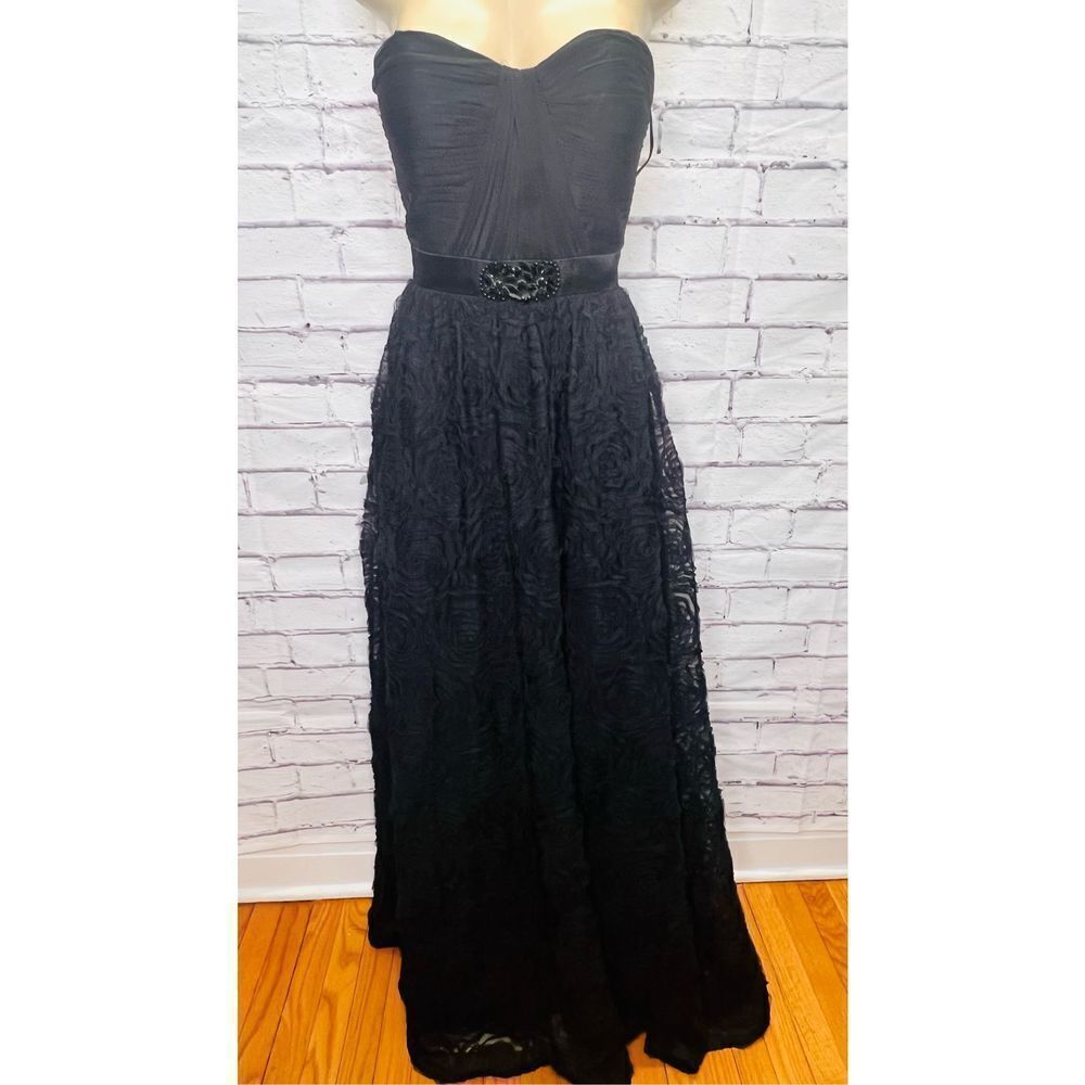 Adrianna Papell Womens Black Rosette Mesh Overlay Ball Gown Formal Dress Size 10